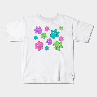 Kids Pawprint Pattern – Purple Pink Blue Green Kids T-Shirt